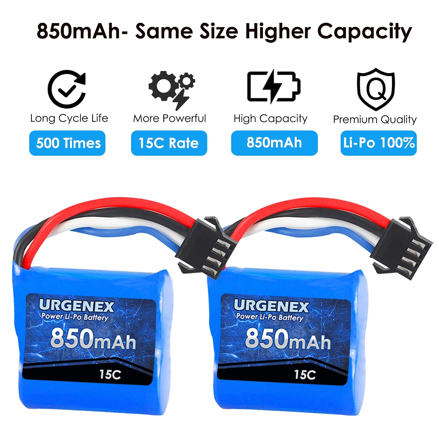URGENEX Lipo Battery 850mAh 7.4V(2 x 3.7V) RC Boat Battery with SM-4P Plug UDI001 RC Boats Batteries Compatible with RC Boat UDI