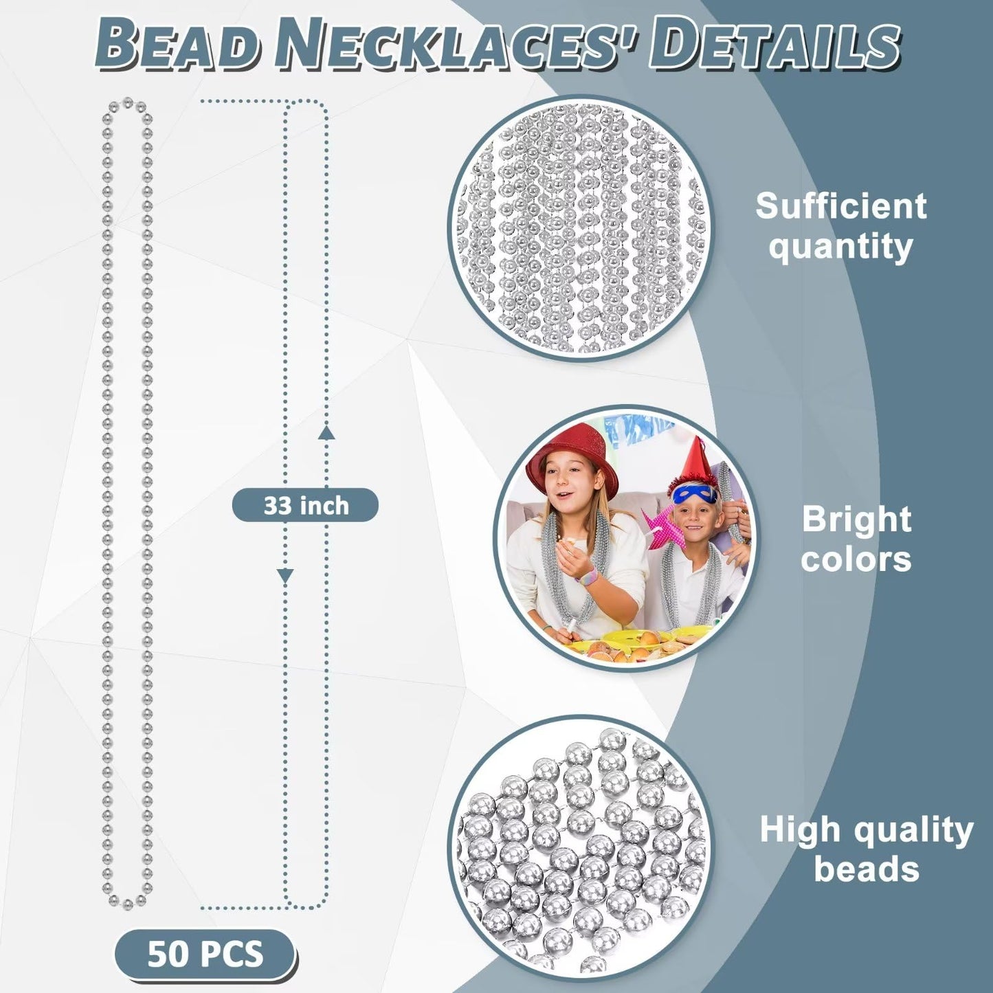 50Pcs Bead Necklace, Silver Christmas Bead Stuff Party Favors, 33'' Xmas Necklaces Women And Men, Festival Events Parade Throw A
