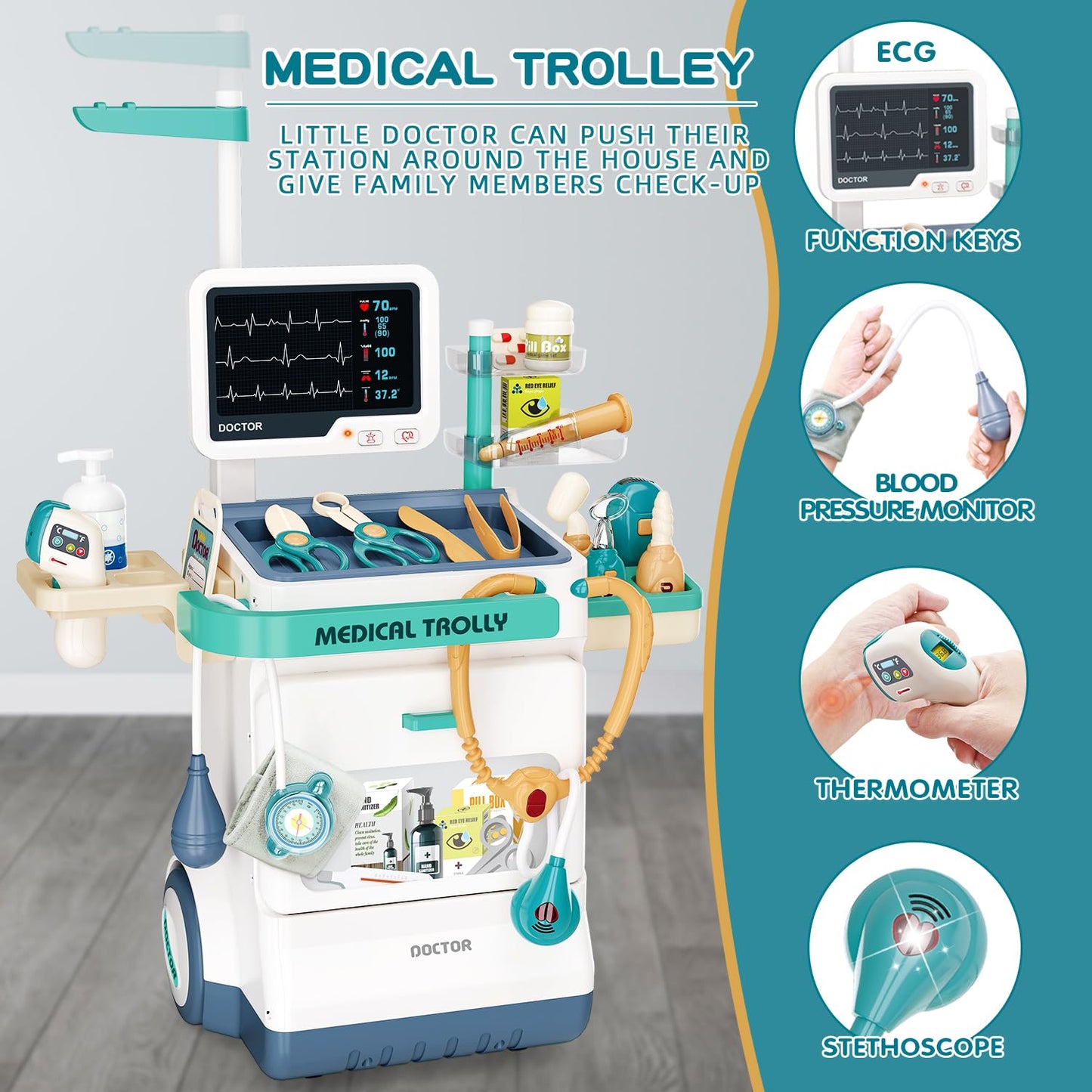 Sotodik Doctor Kit For Kids 28 Accessories Pretend Medical Station Set Mobile Cart With Lights,Thermometer, Stethoscope And Doct