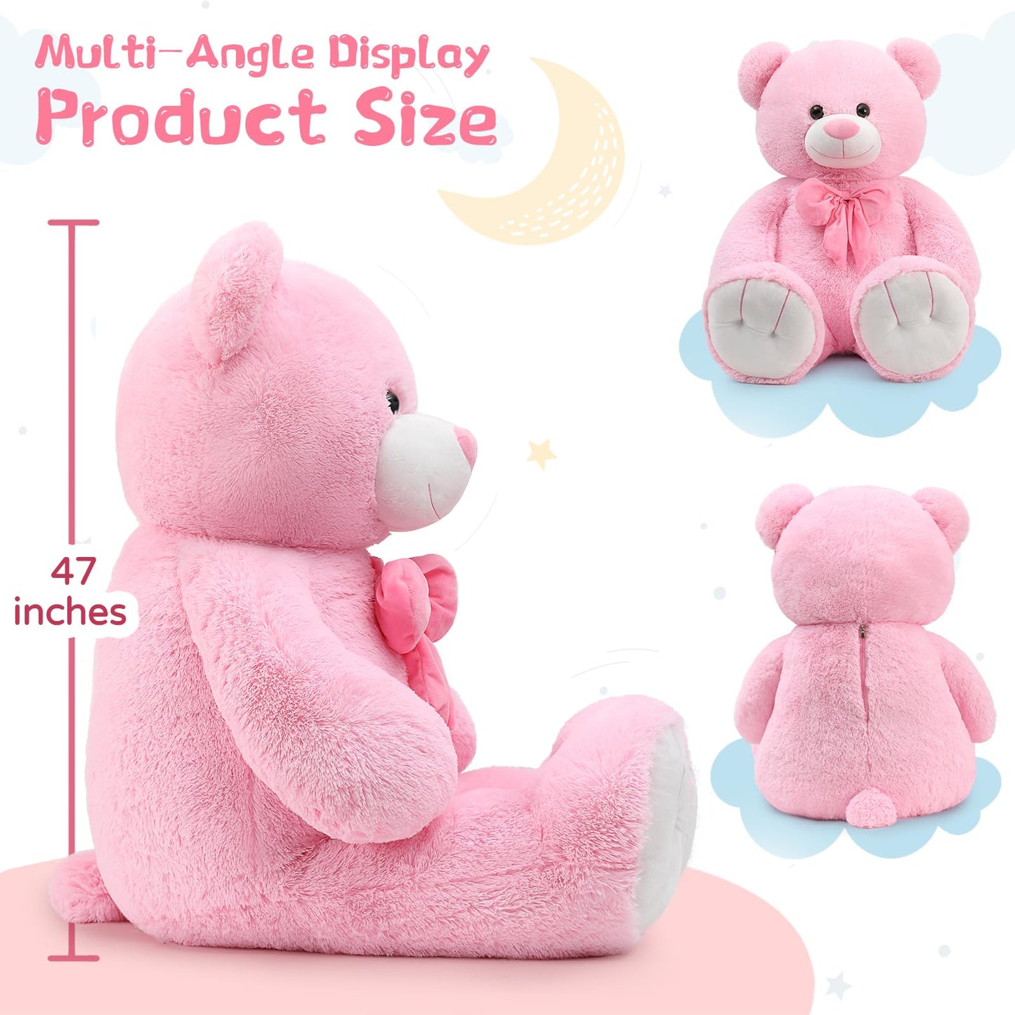Tezituor Giant Teddy Bear, 4 Feet Soft Big Stuffed Animal Life Size 47 Inch Plush Bear Toy Valentine'S Christmas Birthday Gift For Girlfriend Kids,Pink