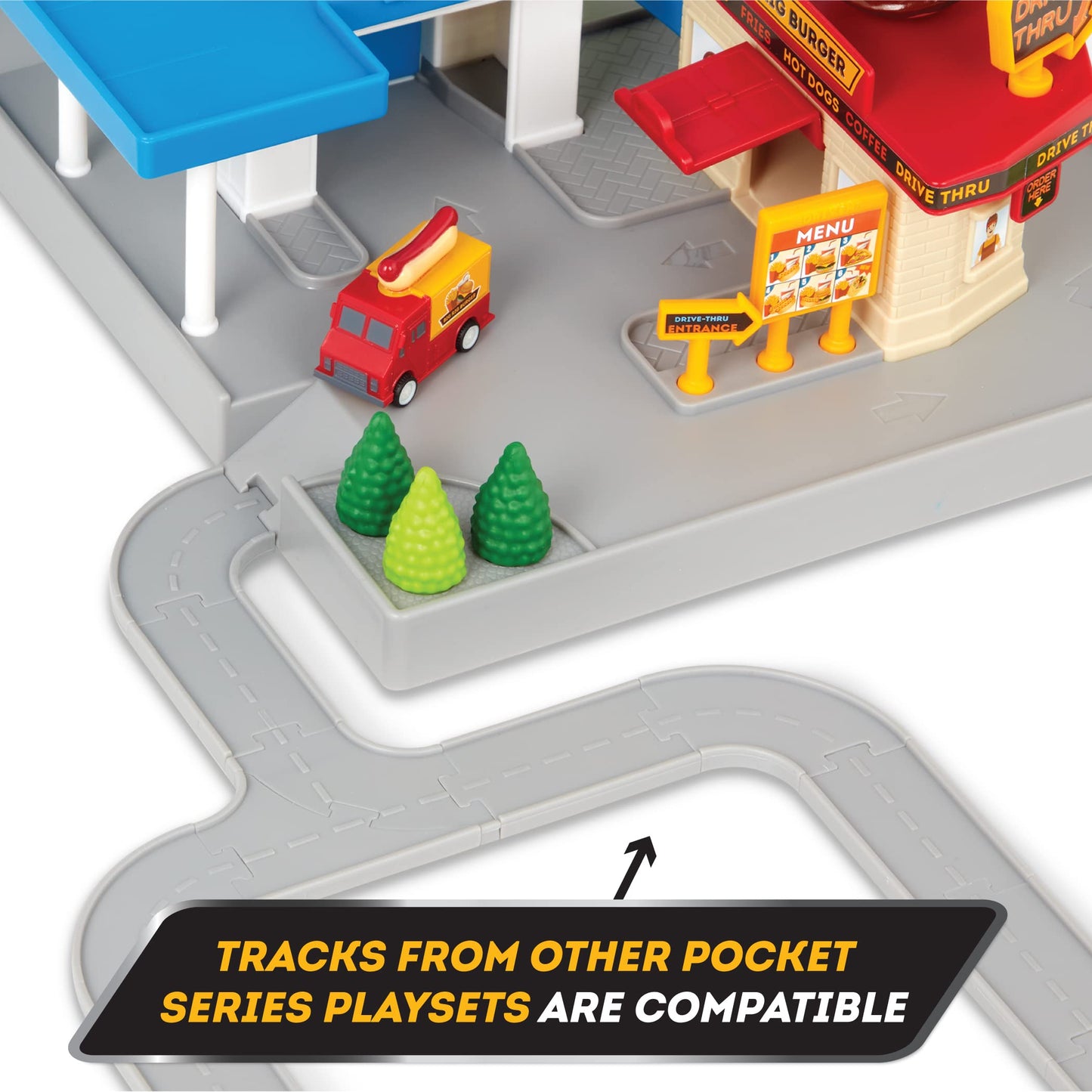 Driven By Battat - 25Pc Drive-Thru Playset - Mini Car Track Set - Food Truck, School Bus, Pick-Up, Camper Van & More - Gift Car