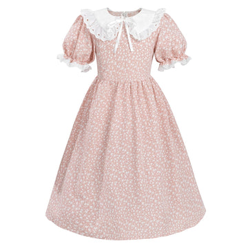 Ltakk Pioneer Dress Girls Colonial Costume Prairie Pilgrim Girl Dresses With Ruffled Pinafore, Peach, Medium, Age Over 4 Years O