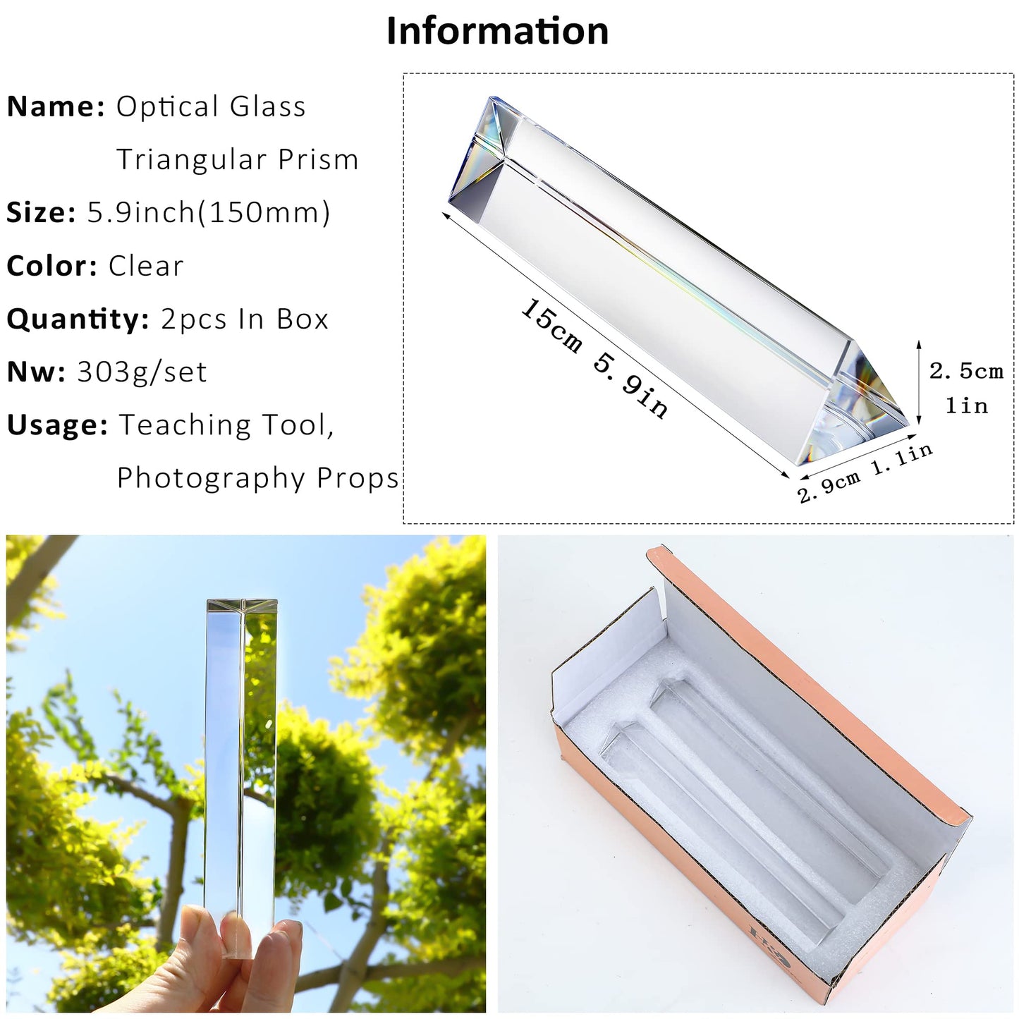 QFkris 2 Pack 6 K9 Crystal Optical Glass Triangular Prisms - Clear Photography Effects & Physics Teaching Kits