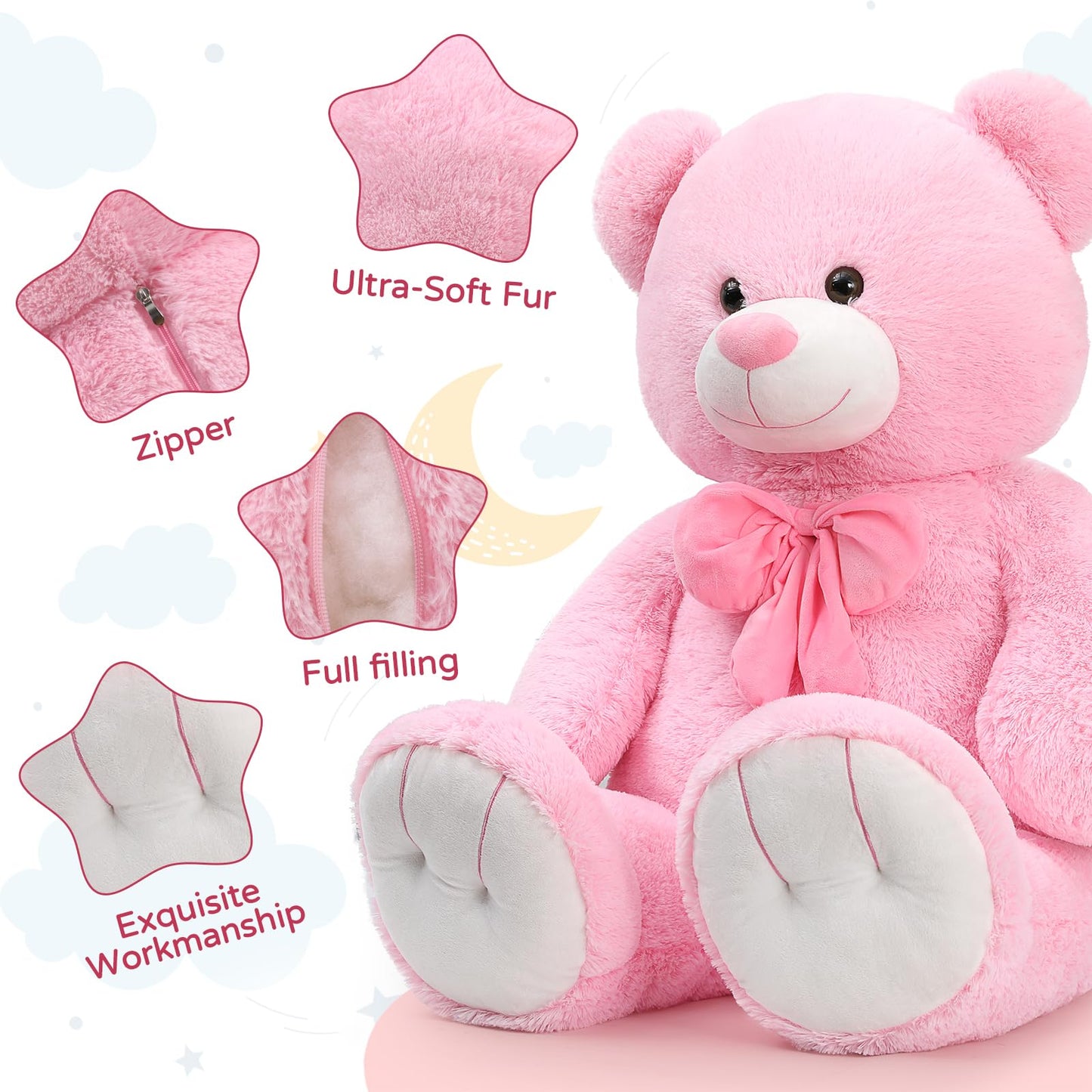 Tezituor Giant Teddy Bear, 4 Feet Soft Big Stuffed Animal Life Size 47 Inch Plush Bear Toy Valentine'S Christmas Birthday Gift For Girlfriend Kids,Pink