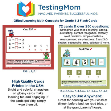 Testingmom.Com Gifted Learning Flash Cards – Math Concepts For 1St Grade - 2Nd Grade – Addition, Subtraction, Fractions, And More For Grade 1 - Grade 2 Cogat Test, Iowa Test, Nyc Gifted And Talented