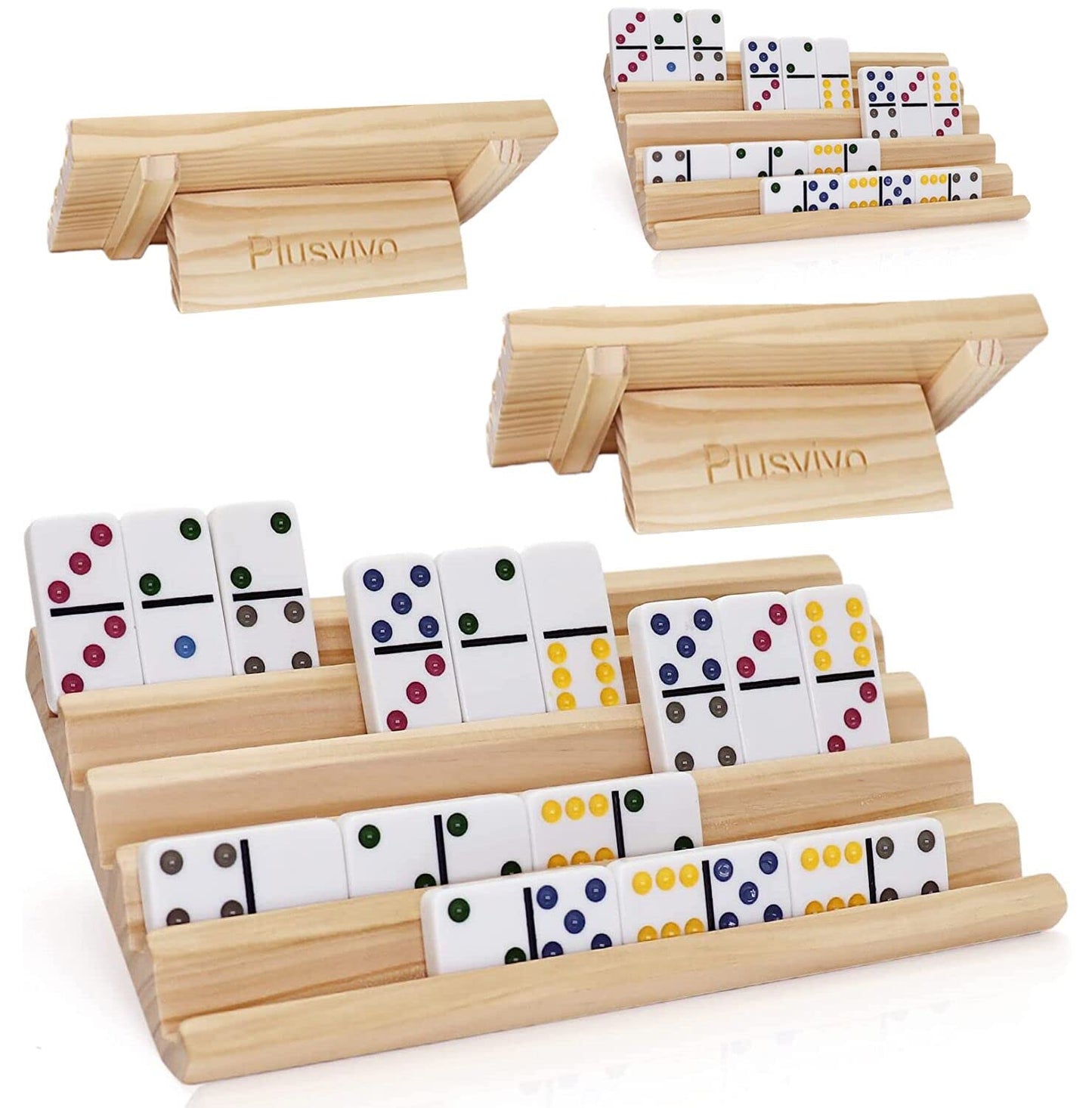 Plusvivo Domino Racks With Stand Set Of 4, Mexican Train Dominoes Set Trays Wooden Domino Holders For Mexican Train And Other Domino Games For Kids & Adults - Hobbies, Indoor Activities & Family Fun