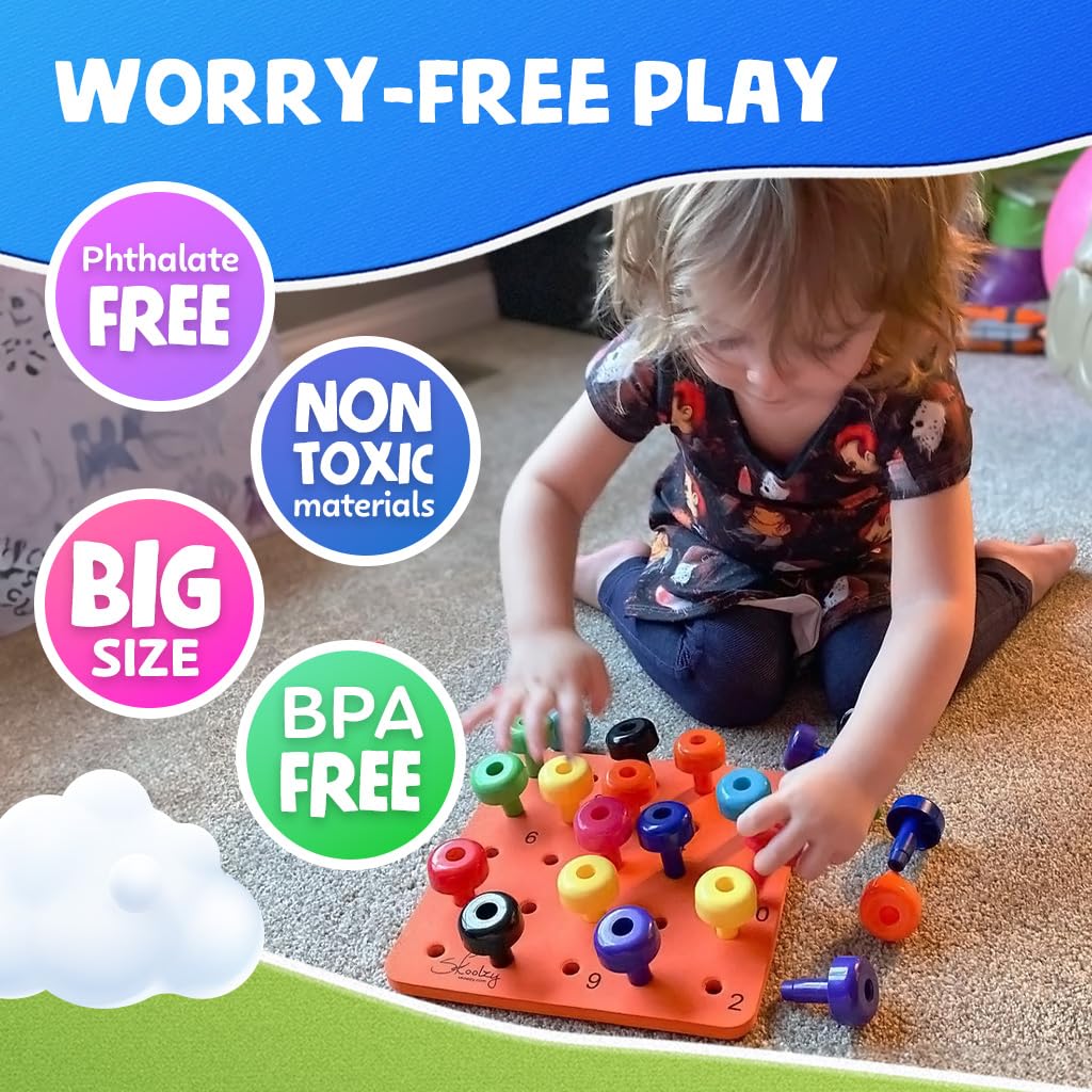 Skoolzy Peg Board Set - Montessori Toys For 2 Year Old - 33 Pc Peg Board For Kids - Occupational Therapy Toys With Pegs, Dice, Lacing String & Storage Bag - Montessori Toys For 2+ Year Old