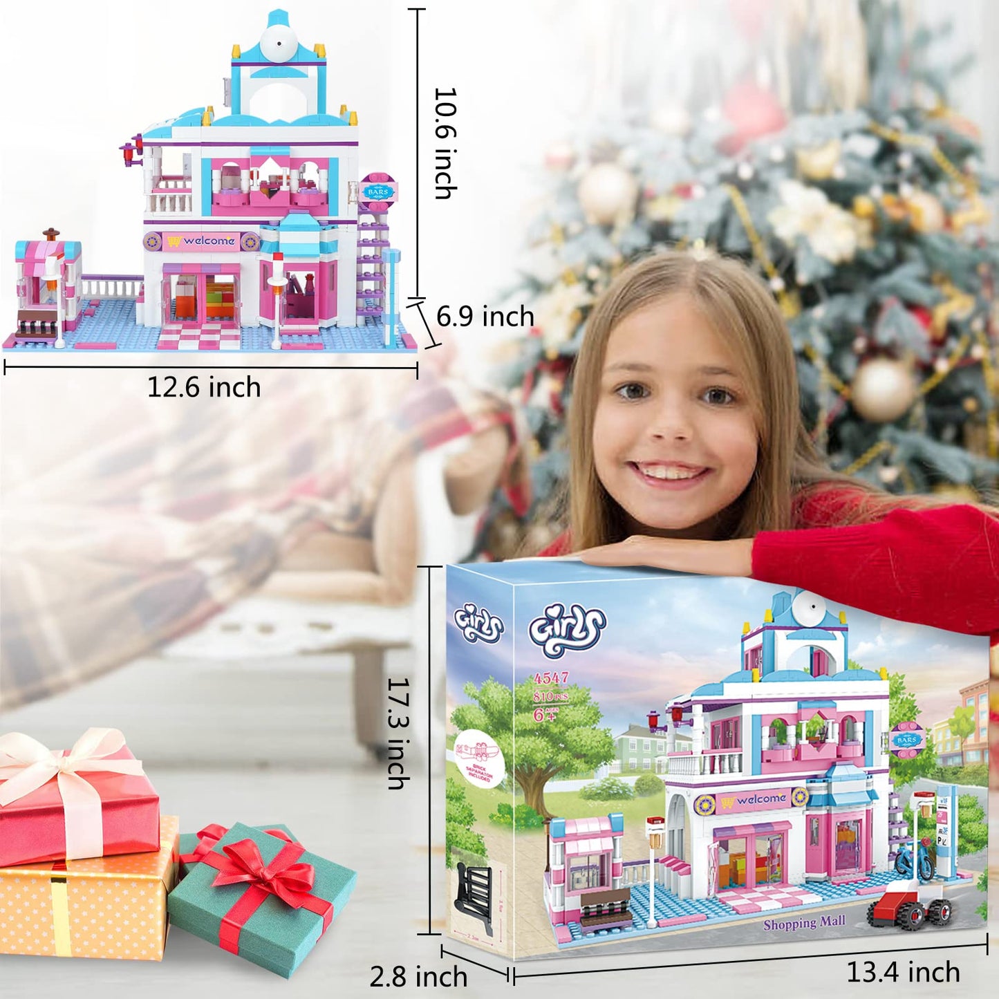 Brick Story Dream Girls Friends Shopping Mall Building Set 808 Pieces, With Supermarket And Restaurant Building Playset, 4 Mini Toy Figures, Girls Friends House Building Toys For Kids Age 6-12 8-14