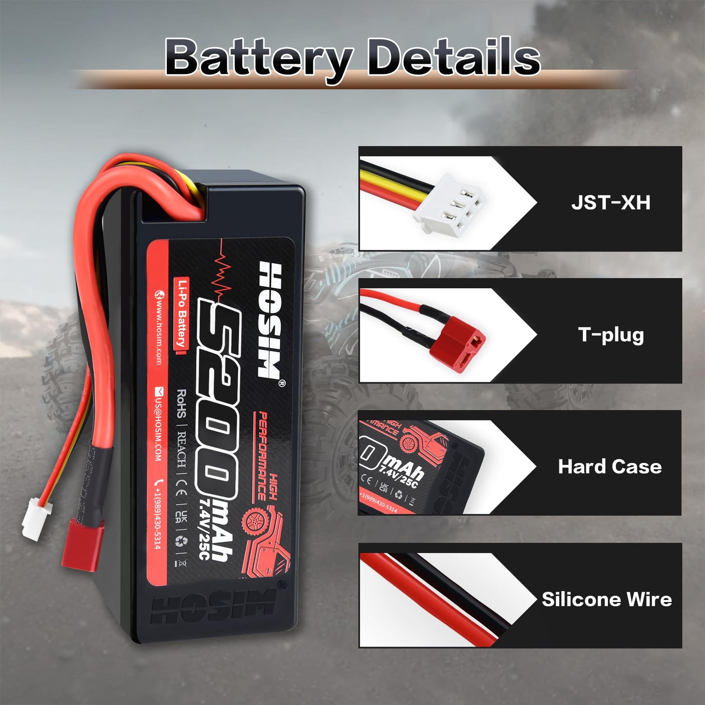 Hosim 2Pcs 2S 7.4V 25C 5200Mah Lipo Battery Rc Car Truck Rc Vehicles Boat Battery Fit For X08 X07 X07W High Speed Rc Cars 1/10 S
