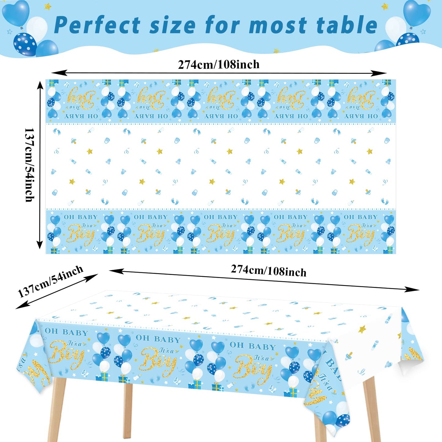 Baby Shower Tablecloths Plastic Table Cover Blue Baby Boy Party Decorations It'S A Boy Table Cover For Baby Shower Party Supplies, 54 X 108 Inch (3 Pack)