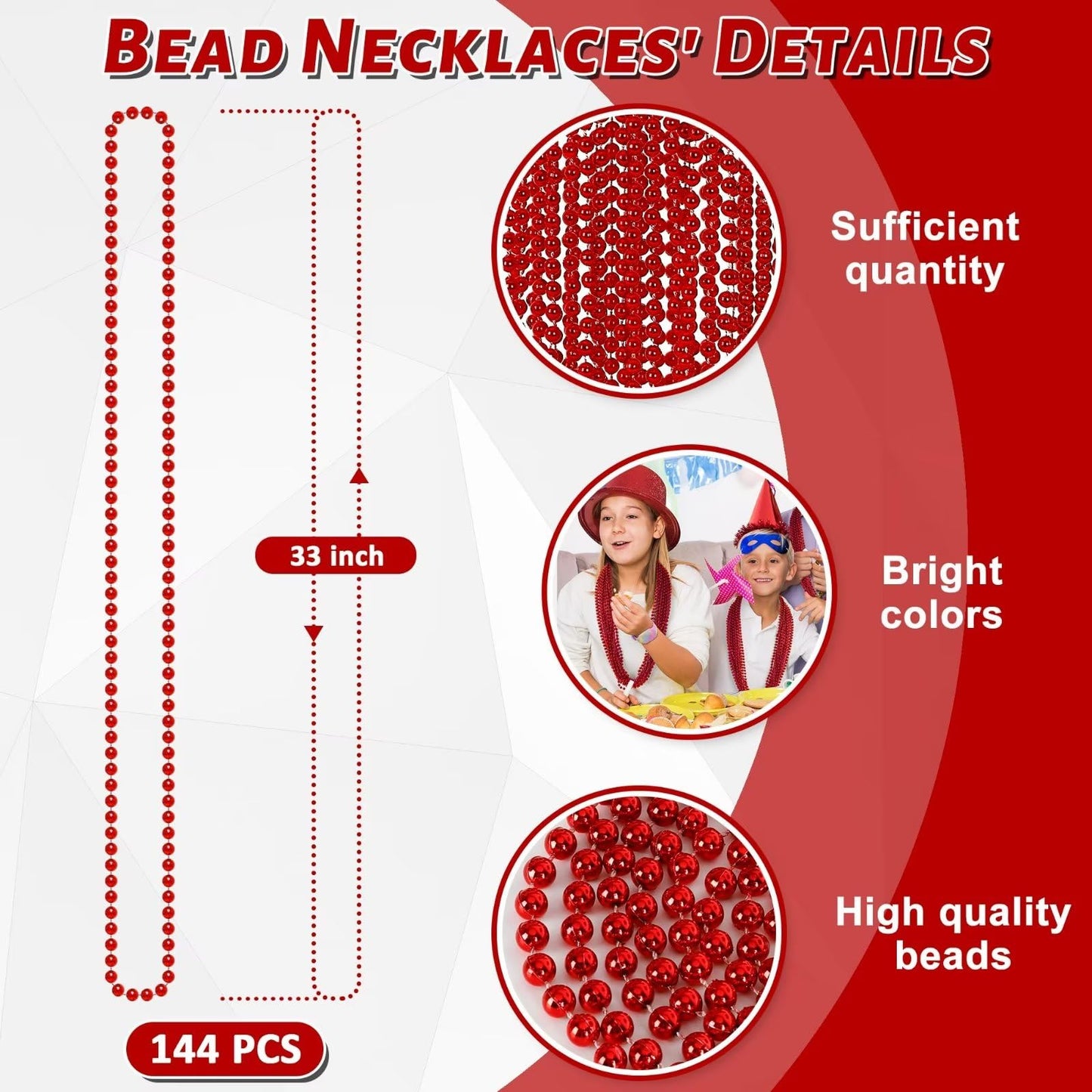144Pcs Bead Necklace, Red Christmas Bead Stuff Party Favors, 33'' Necklaces Festival Parade Throw Accessories For Wedding Birthd