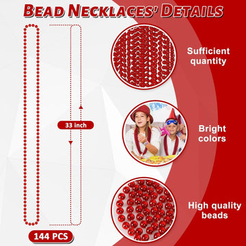 144Pcs Bead Necklace, Red Christmas Bead Stuff Party Favors, 33'' Necklaces Festival Parade Throw Accessories For Wedding Birthd