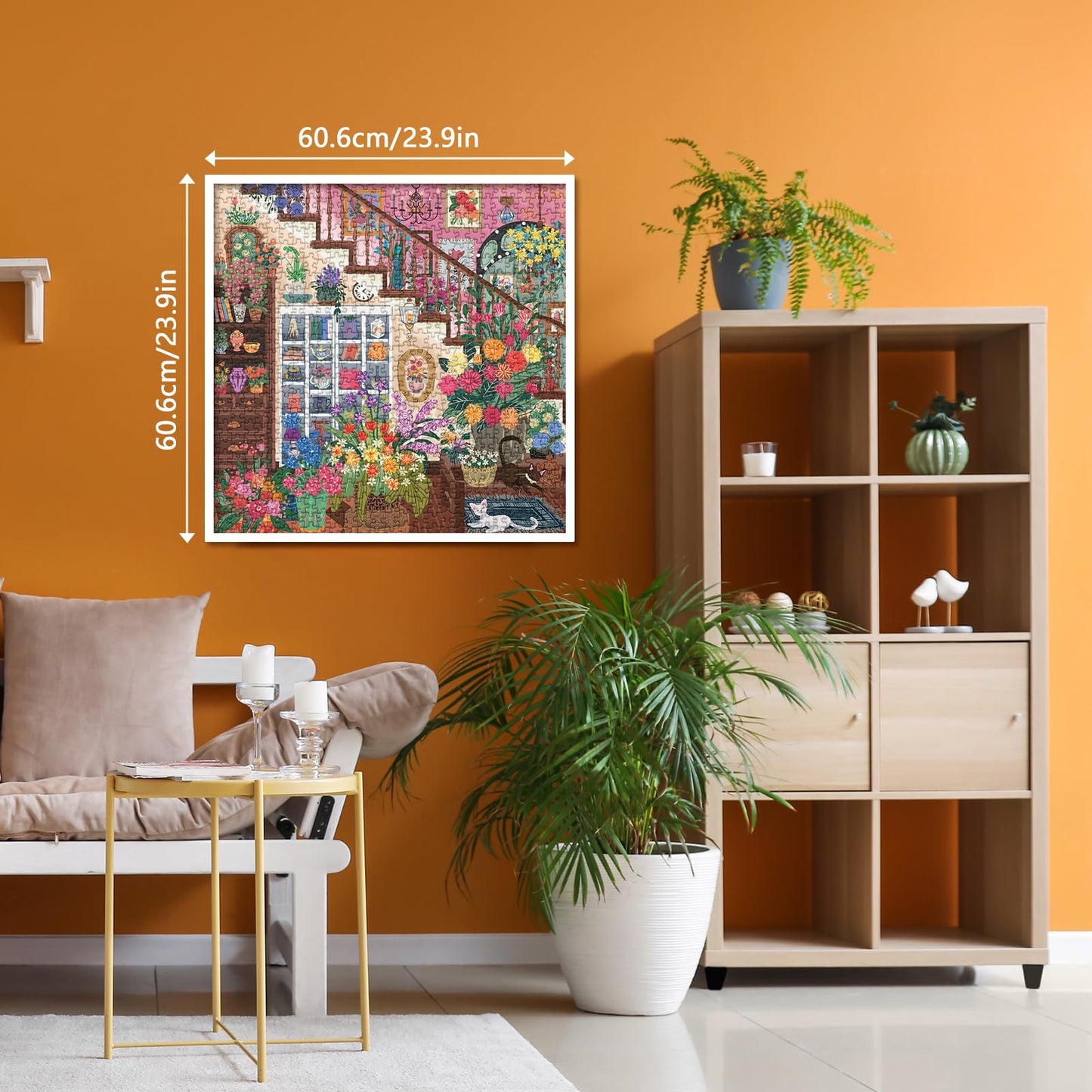 Flower Plant Puzzles 1000 Piece For Adults, Colorful Aesthetic Floral Art Jigsaw Puzzles, Cute Pretty Housepant Succulent Teacup Cat Puzzle