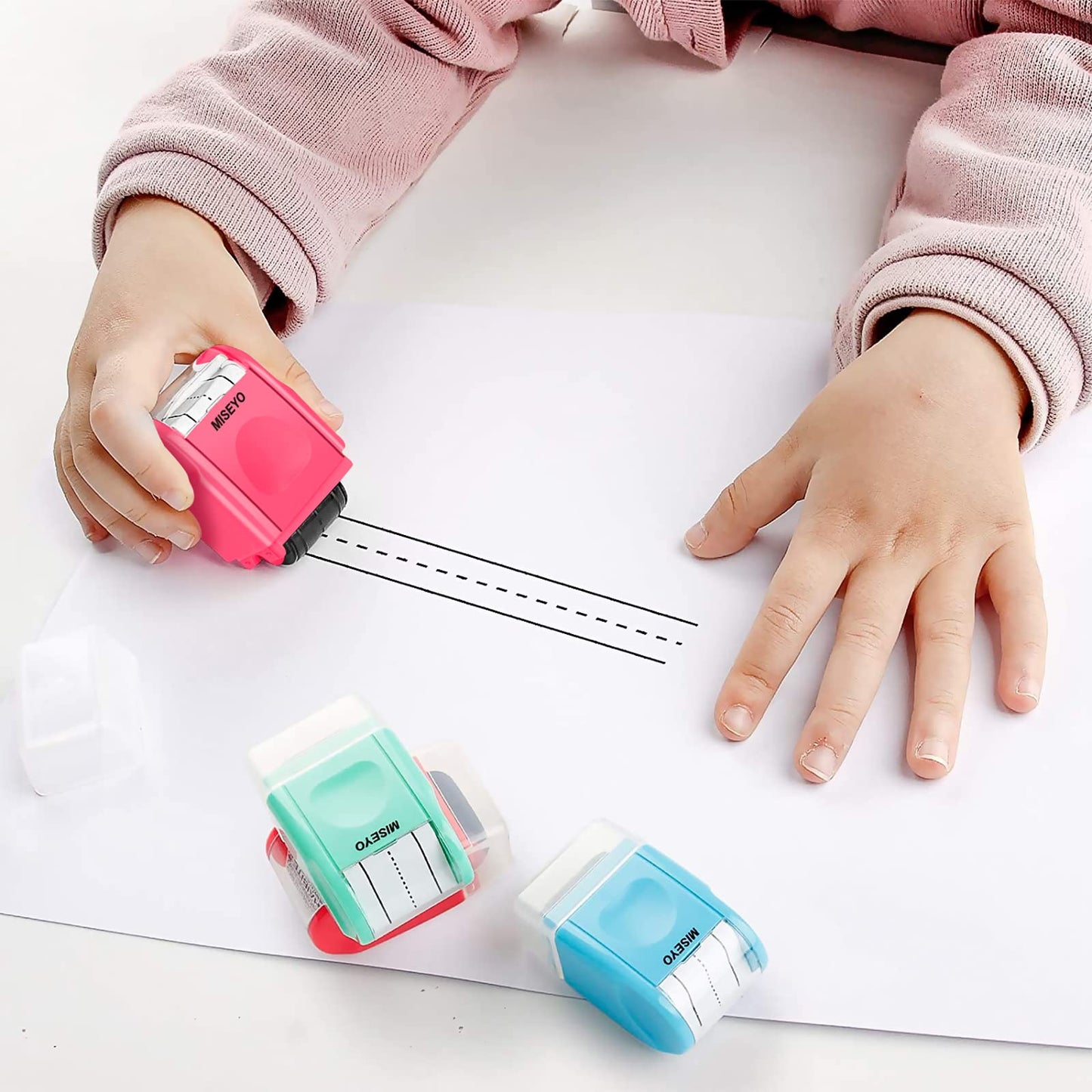Miseyo Dashed Handwriting Lines Practice Roller Stamp,Self-Inking Line Rolling Stamps for Kids Writing - Peach
