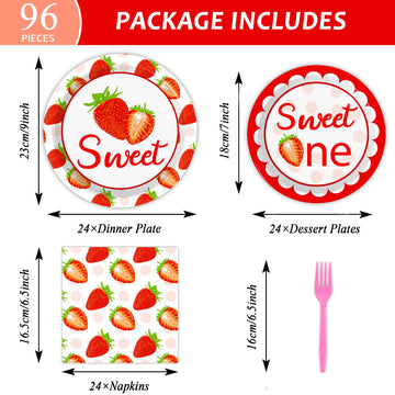 Gisgfim 96 Pcs Strawberry Birthday Party Supplies Paper Plates Napkins Strawberry 1St Birthday Tableware Set Summer Sweet Berry