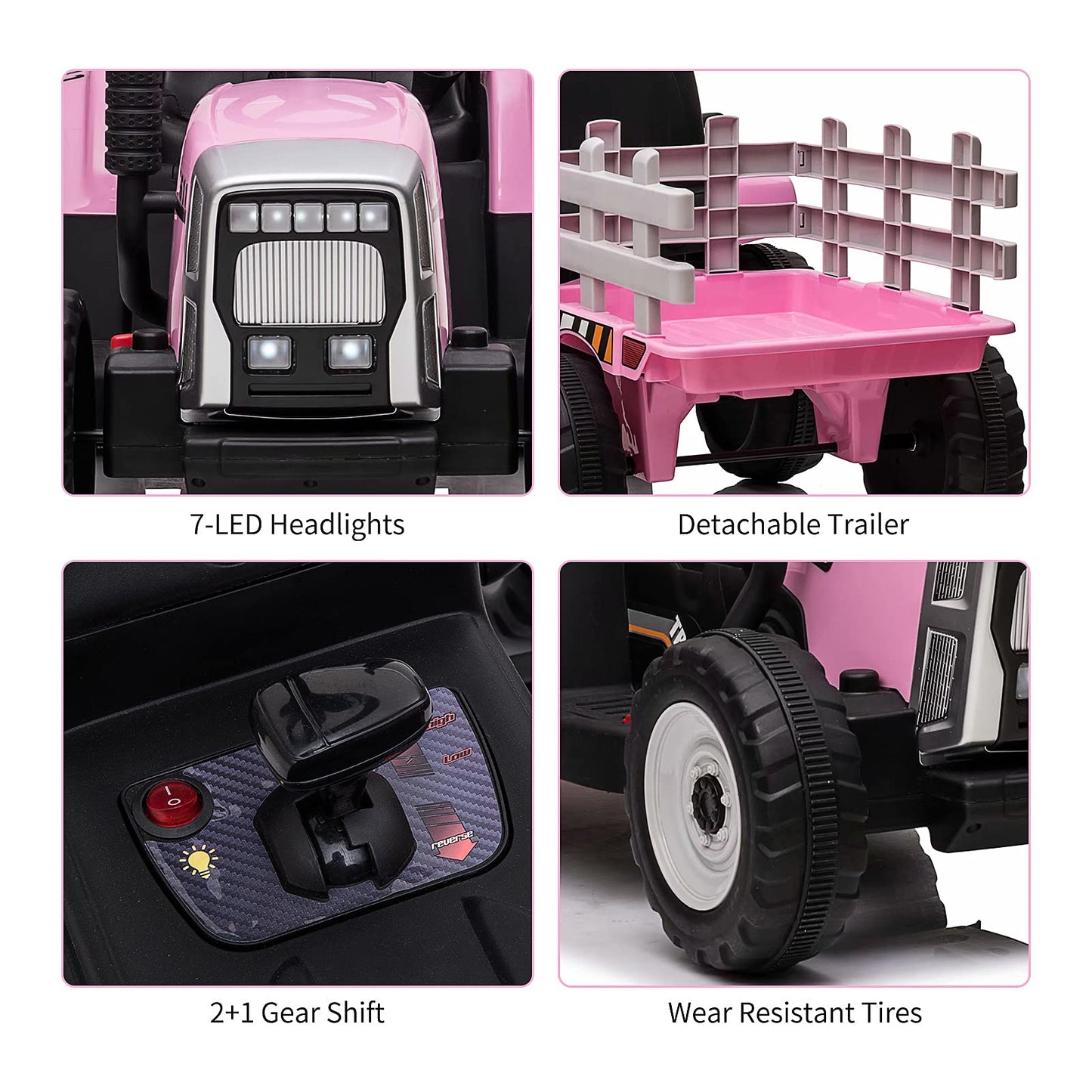 12V Kids Battery Powered Electric Tractor With Trailer, Toddler Ride On Car With Remote Control/ 7-Led Headlights/ 2+1 Gear Shift/Music Player/Usb Port For Kids 3-6 Years (Lightpink, 25W-Tread Tire)