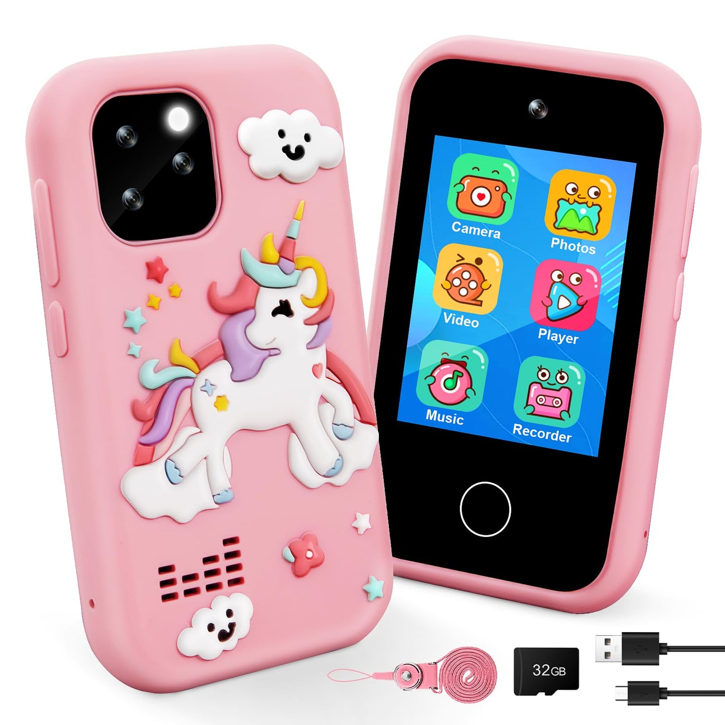 GKTZ Kids Smart Phone Toys - Dual Camera Cell Phone for Kids, Unicorn Toys for Girls Age 4-6, Toddler Play Phone for 3 4 6 7 8 Y