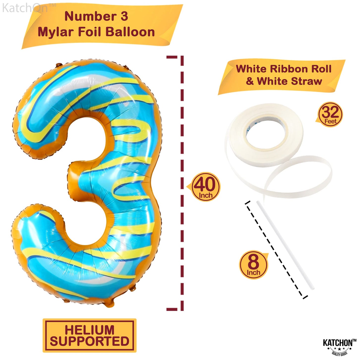 Katchon, Huge Donut Number 3 Balloon - 40 Inch | Number 3 Donut Balloon | Donut Birthday Party Decorations | Donut Number Balloons | Donut Party Decorations | Donut 3 Balloons For Birthday Decorations