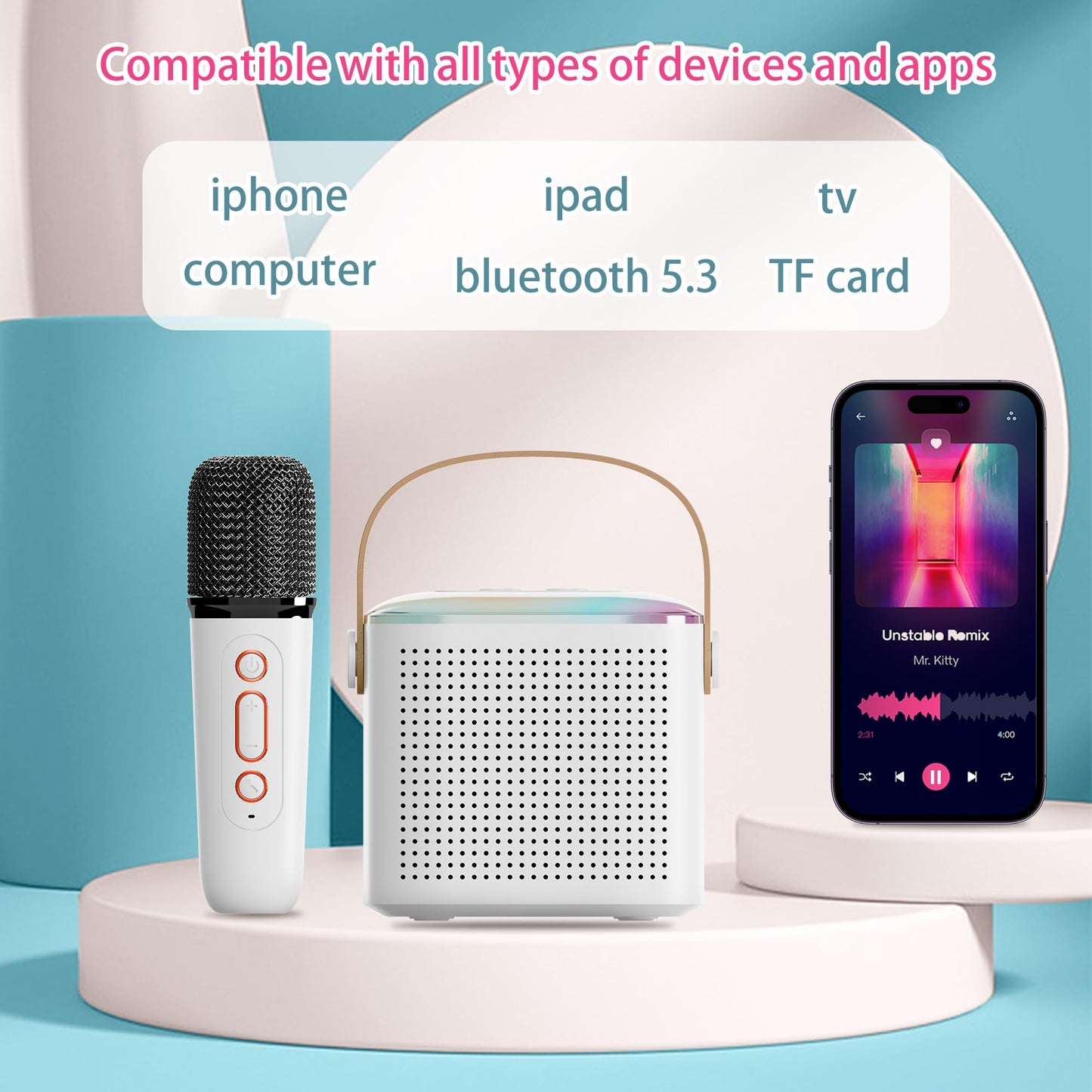 Mini Karaoke Machine For Kids,Portable Bluetooth Speaker With Wireless Microphone For Kids Toddler,Gifts For Girls And Boys Birthday (Pink 2 Mic) (White 1 Mic)