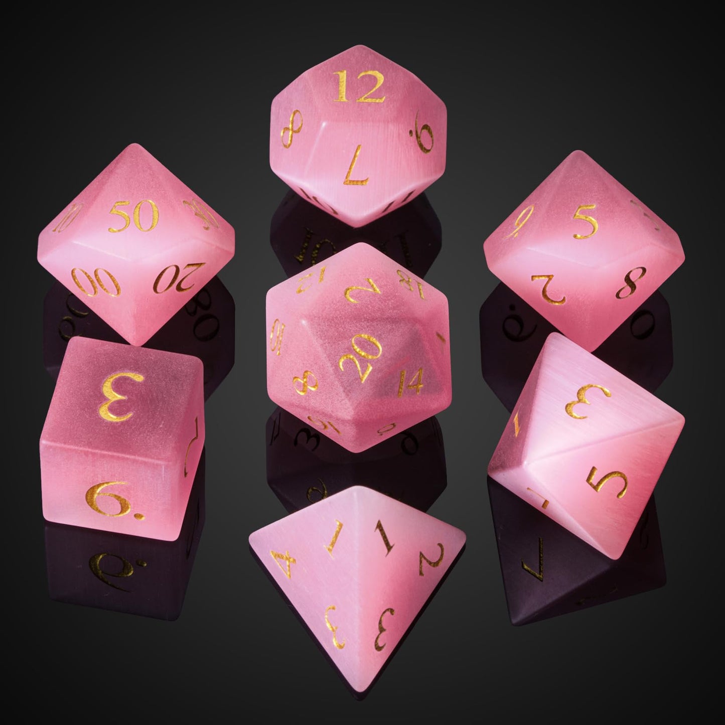 UDIXI Natural Gemstone Dice Set, 7PCS Crystal DND Dice for Dungeons and Dragons, Handmade Stone Dice for MTG Table Games(Pink Ca