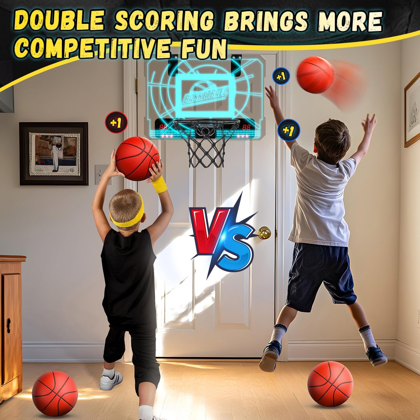 Eaglestone Indoor Mini Basketball Hoop For Kids, Over The Door Basketball Hoops With Led Lighting, Mini Hoop With Scoreboard & 4 Balls, Perfect Basketball Toy Gift For Boys And Girls Ages 3-5,8-12
