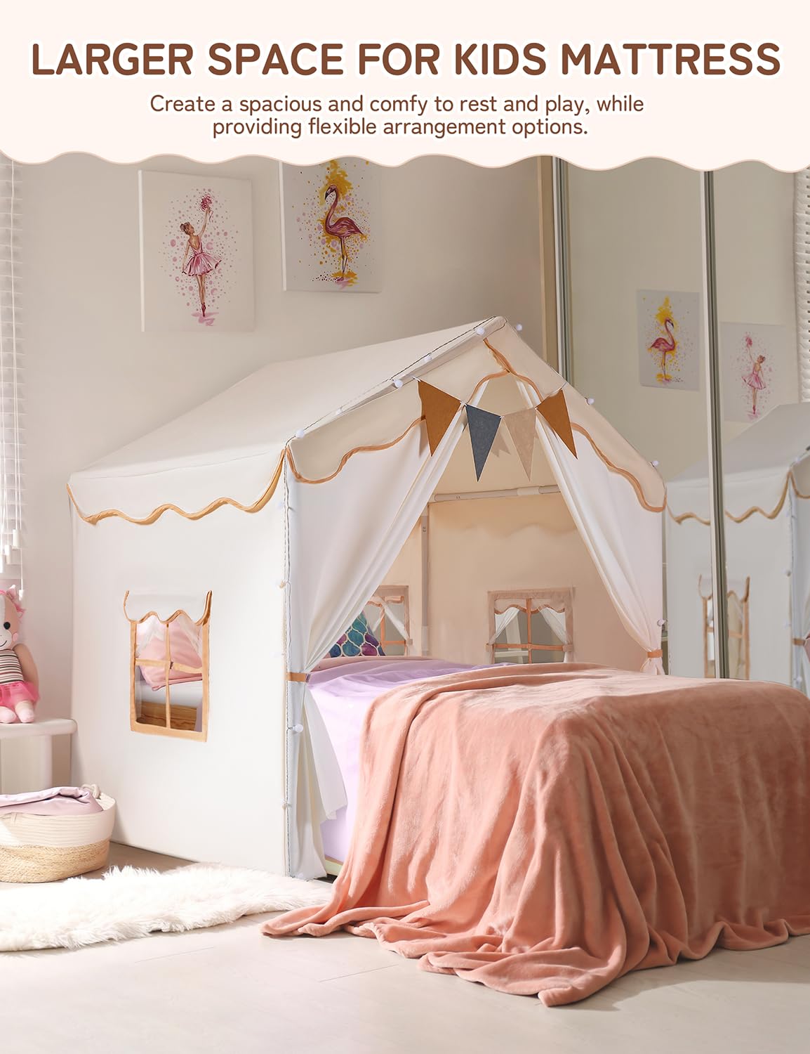 Besrey Kids Tent, Kids Playhouse 2 In 1 With Padded Mat And Lights, Large Play Tent With 2 Doors & 4 Windows, Kids Play Tent Indoor & Outdoor, Christmas Toddler Tent For Kids, 51' X35' X 51'