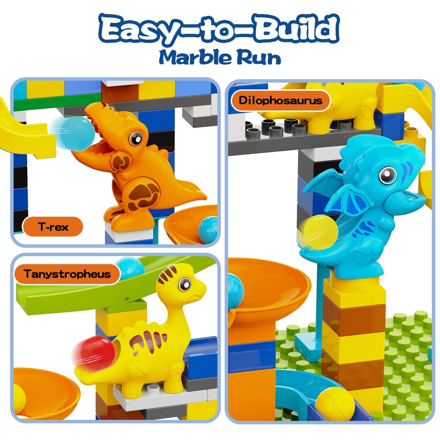 Anpcso Marble Run Building Blocks, Dinosaurs Marble Track Toy Classic Large Bricks for 3 4 5 6 7 + Year Old Boys Girls Kids, Bri