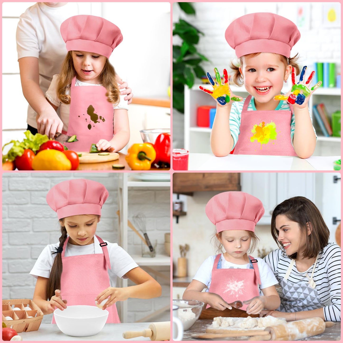 BOUBONI Kids Apron and Chef Hat Set Adjustable Child Art Aprons with 2 Pockets Toddler Chef Hat and Apron for Cooking Baking Pai