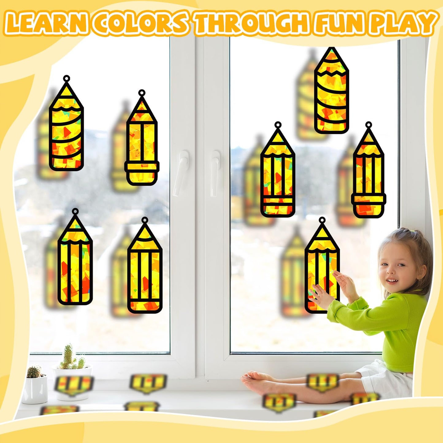 32 Sets Back to School Pencil Suncatchers Craft Kit DIY Window Stained Glass Effect Pencils Paper Crafts for Home School Classro