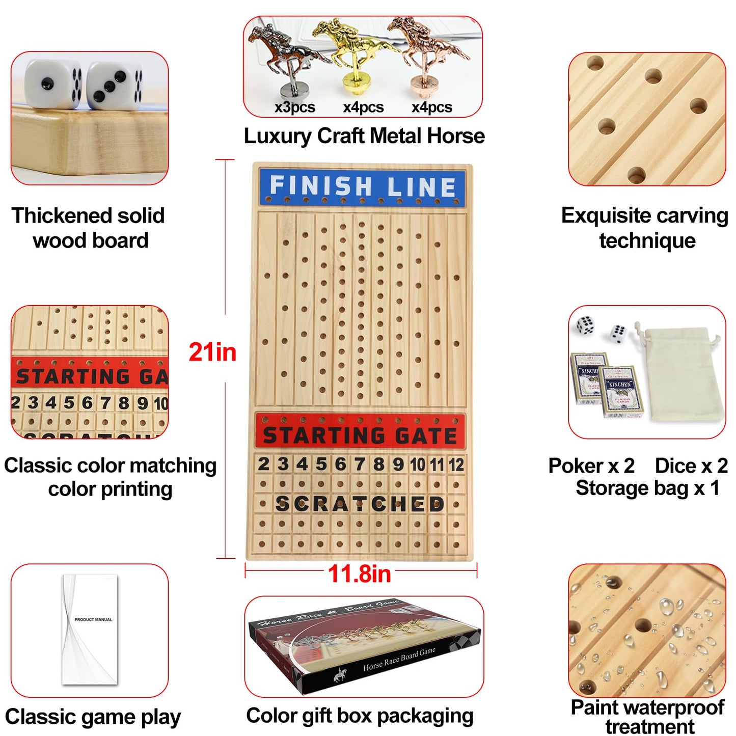 Large 21 Inches Horse Racing Board Game With 11 Luxury Metal Horses Thickened Wood Game Chessboard Including Dice And Cards Fini