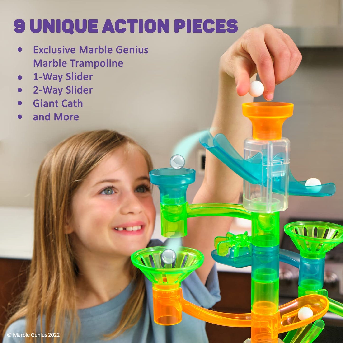 Marble Genius Marble Run Stunts Booster Set: 30 Pieces Total, 9 Action Pieces Including New Patented Trampoline, Includes Free Online App And Full-Color Instruction Booklet, Made For Ages 5 And Up