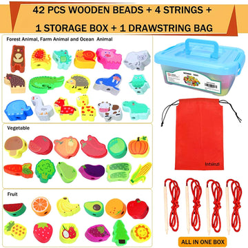 Intsinzi 46 Pcs Montessori Wooden Lacing Beads Toys For Toddlers,Educational Stringing Animals Fruits Farm Threading Beads Preschool Learning Toys For Kids 3 4 5 6 Year Old Boys Girls…