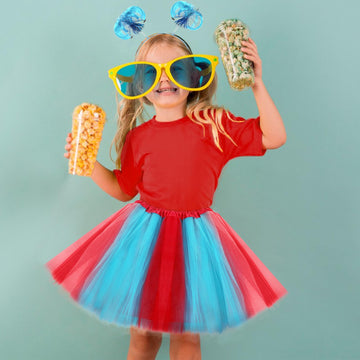 KDVOG Girl's Tulle Tutu Costumes Accessories Set, Kids Red T Shirt Tutu Skirt Striped Thigh High Socks Blue Headband for Age 5-1