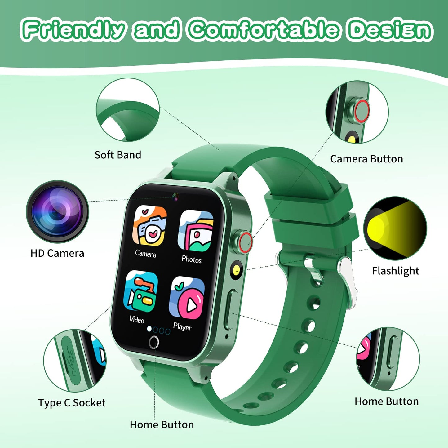 Cosjoype Kids Smart Watch Boys Gift For Age 6-10, 26 Games Touch Screen Hd Video Music Player Learning Cards Audiostory Pedometer Educational Toys Birthday Gifts For Girls Ages 4 5 6 7 8 Green