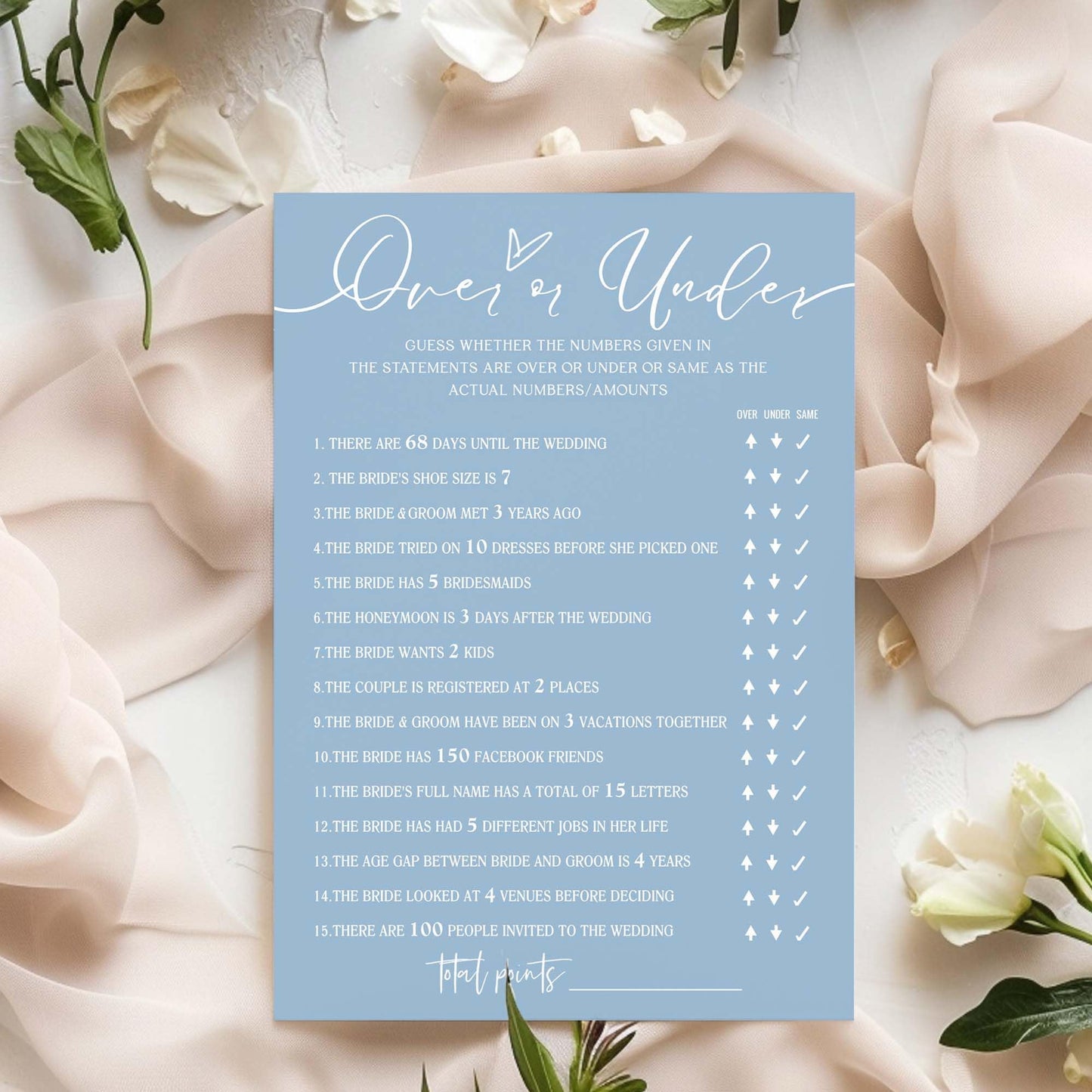 Wybgno Bridal Shower Games Cards, Guess Over Or Under, 25 Guest Cards, Minimalist Blue Wedding Party Supplies