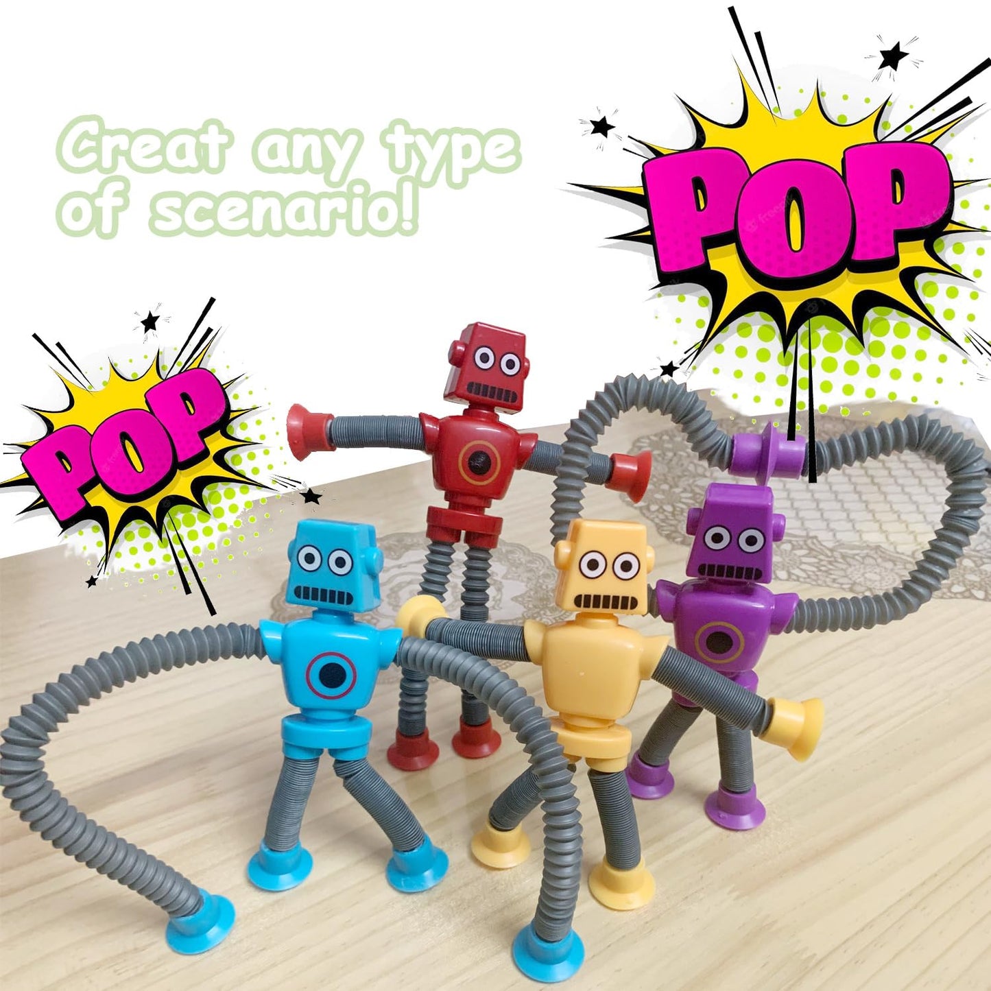 Whongkidz Pop Tubes Robot Toys - 8 Pcs Fidget Sensory Toy, Telescopic Suction Cups, Colorful for Kids 3-8 Years Old