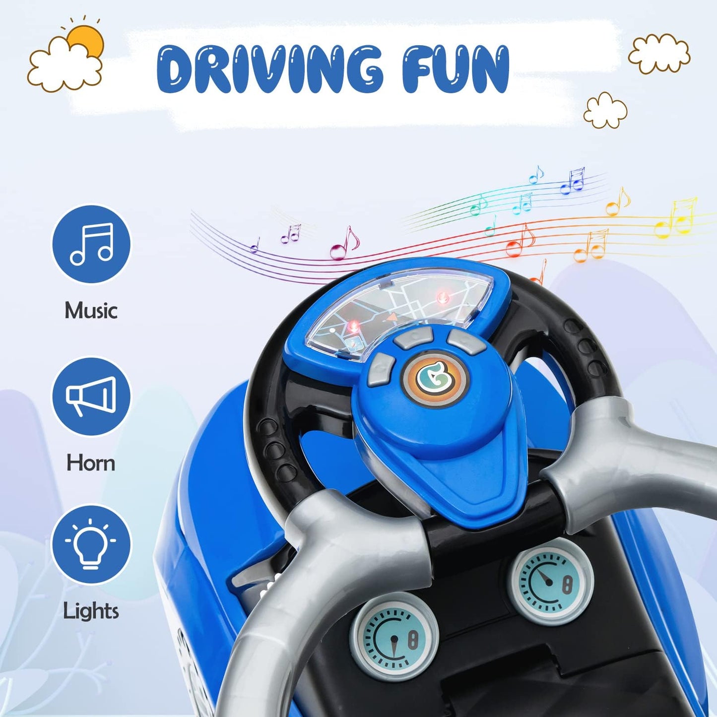 Olakids 4 In 1 Ride On Push Car, Toddlers Stroller Sliding Walking Toy With Horn, Music, Lights, Removable Guardrails And Handle, Underneath Storage, Baby Foot-To-Floor Walker For Boys Girls (Navy)