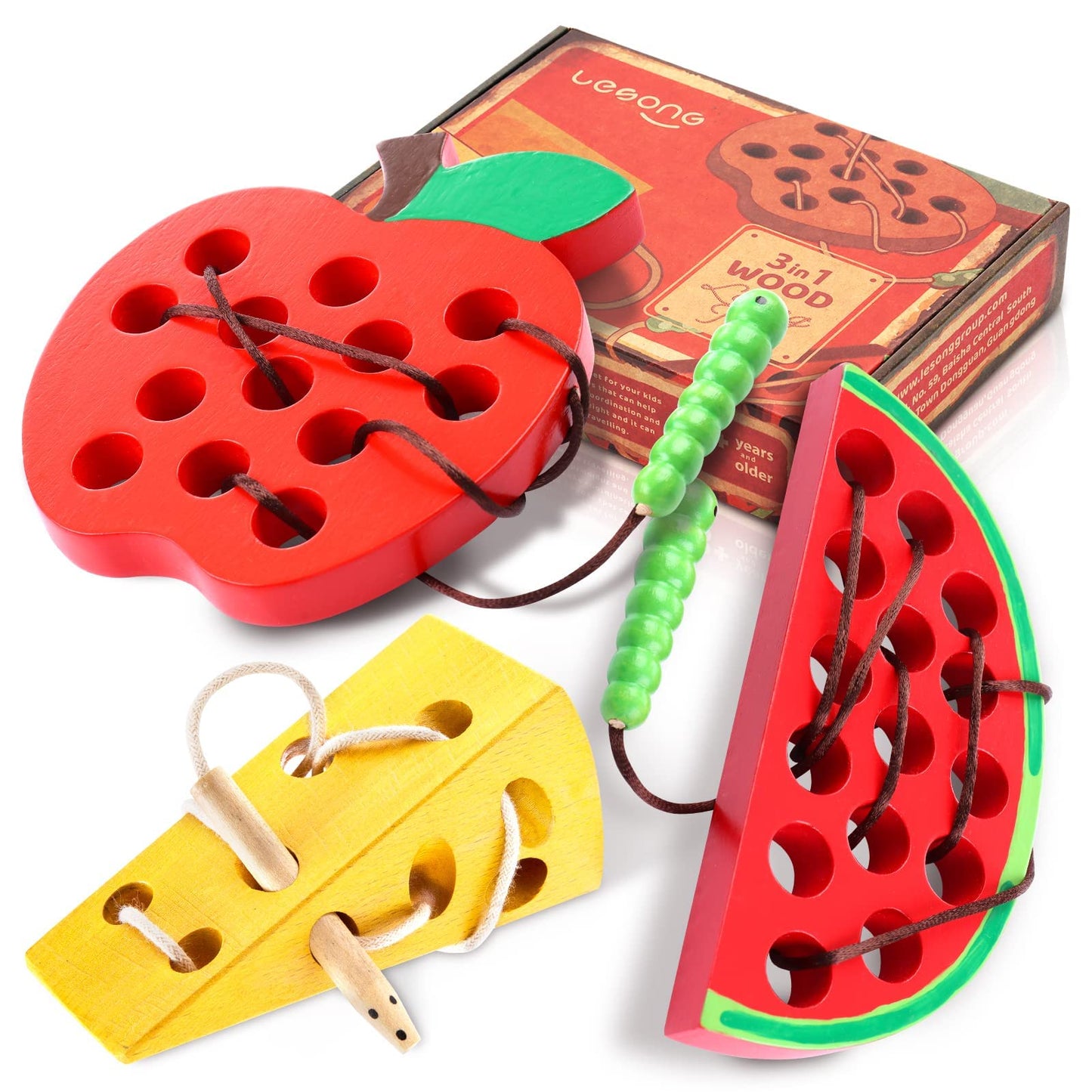 Klt Lacing Toy For Toddlers, Wooden Threading Toy Kids Travel Car Airplane Activities, Road Trip Essentials Games, Educational Learning Fine Motor Skills Montessori Toys 1 Apple,1 Watermelon, 1 Cheese