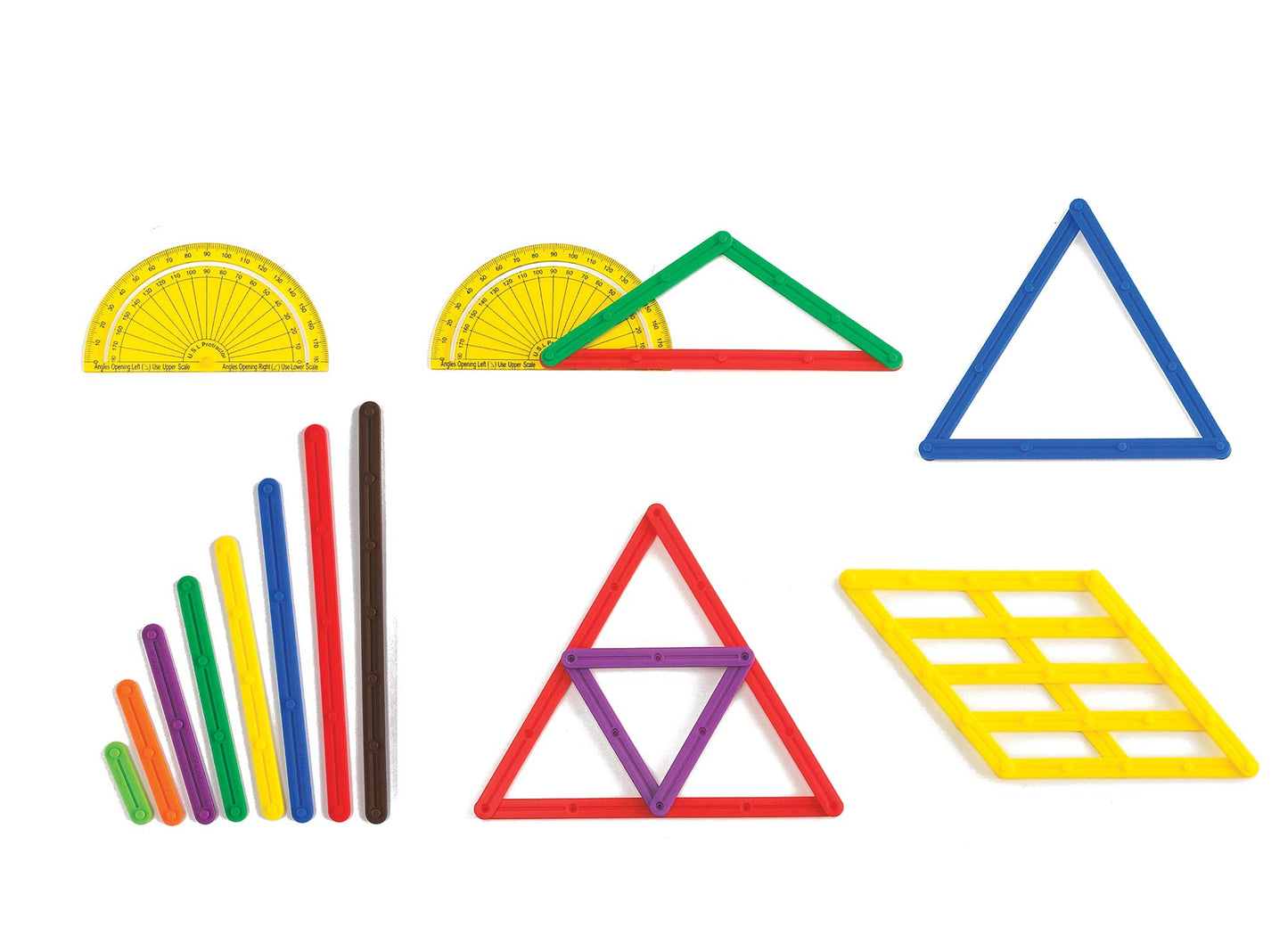 LEARNING ADVANTAGE GeoStix Basic Set - 80 Plastic Construction Sticks, 24 Activity Cards, 2 Protractors - Geometry Teaching Tools