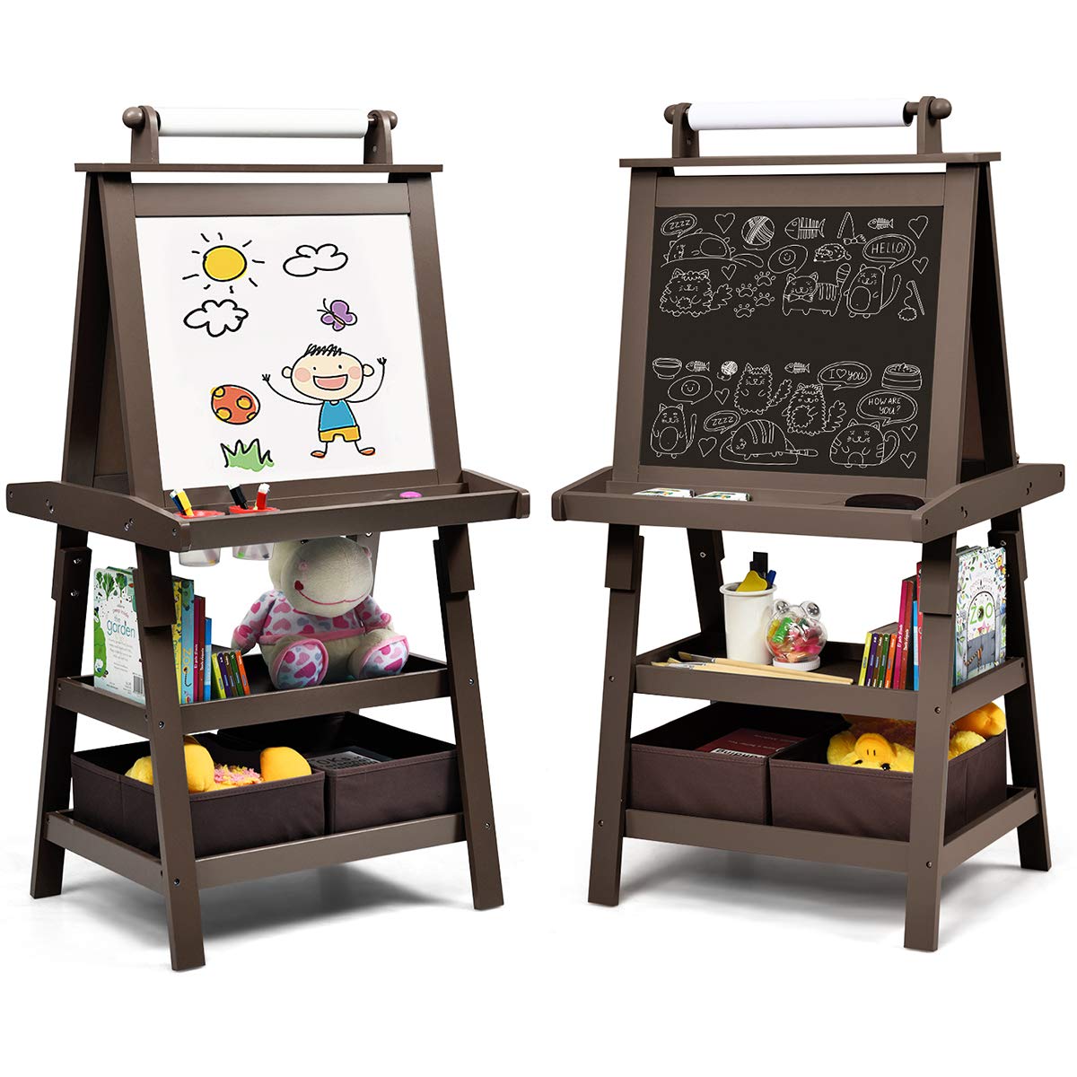 Costzon Kids Art Easel, 3 In 1 Double-Sided Wooden Easel W/Magnetic Whiteboard, Chalkboard & Paper Roll, 2-Tier Rack W/ 2 Storage Boxes, Standing Easel For Kids, Toddlers, Boys, Girls (Coffee)
