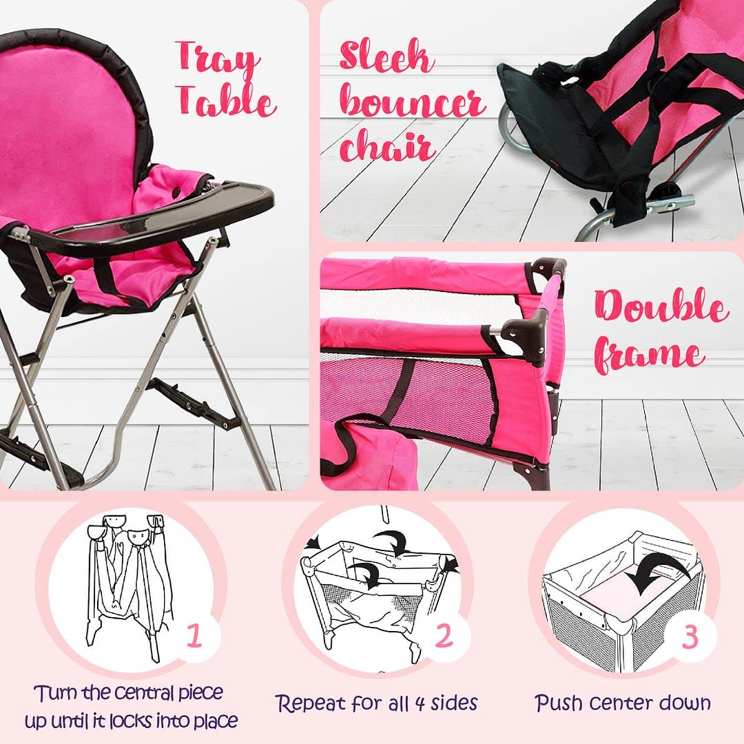 Pink Baby Doll Accessories Set - 3 In 1 Baby Doll Furniture Set With Baby Doll High Chair, Baby Doll Crib, Baby Doll Bouncer Seat, Baby Doll Bed Set For 18” Doll - Play Baby Doll Toys For 18' Dolls