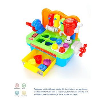 PowerTRC Toddler Tool Bench - Multifunctional Learning Toy with Light & Sound, Plastic, Green/Red/Yellow for Ages 1-3