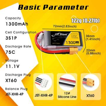 Tattu 11.1V 1300mAh 75C 3S LiPo Battery Pack with XT60 Plug for RC Boat Heli Airplane UAV Drone FPV Nemesis 240 Mini Skylark M4-