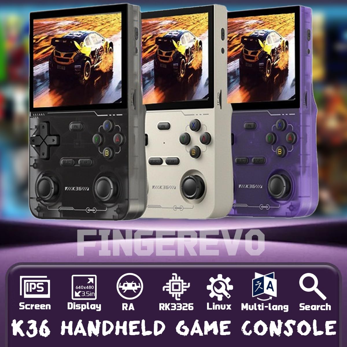 Fingerevo K36 Handheld Game Console 3.5-In 640 * 480 Ips Oca Screen 3500Mah Rk3326 Opensource System Gray