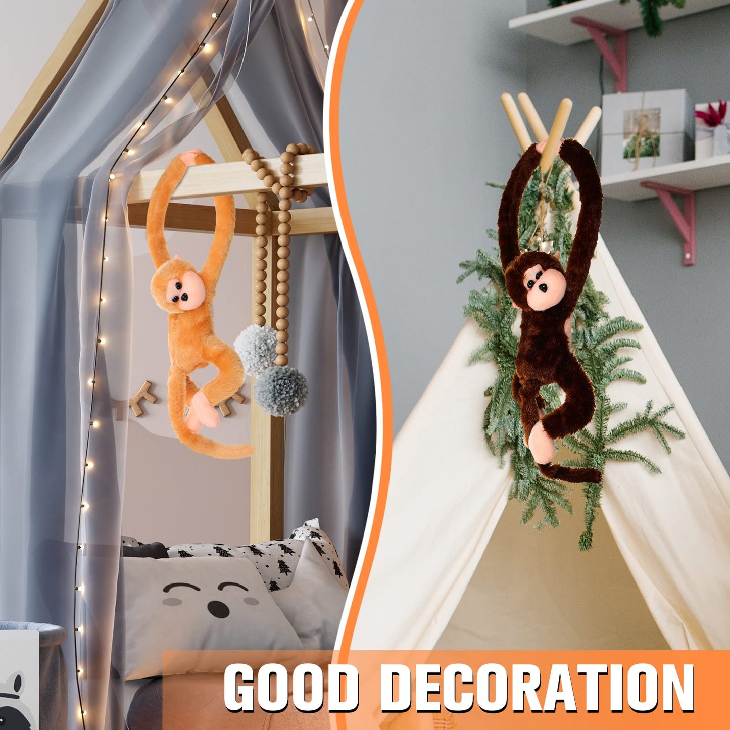 Chivao 2 Pcs Hanging Monkey Stuffed Animal, Hanging Monkey Plush With Hook And Loop Fasteners Hands Stuffed Toy For Birthday Party Favors Decorations, Brown And Khaki(20 Inch)