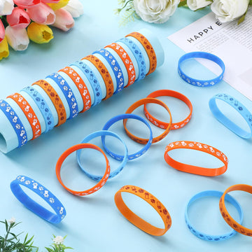 Landical 24 Pcs Blue Dog Party Favor Blue Navy Brown Tan Orange Paw Patterns Silicone Bracelets Dog Birthday Decorations For Wed