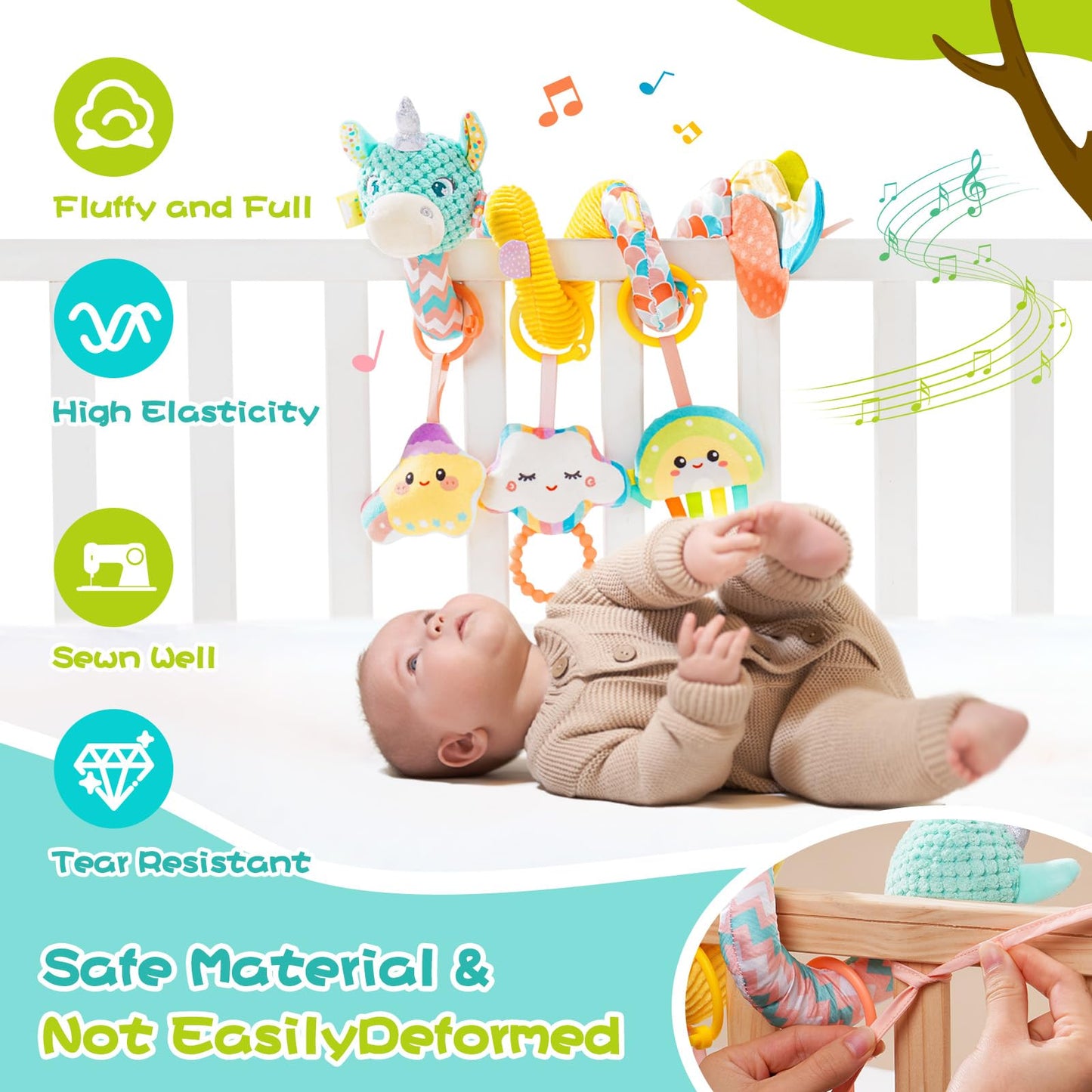 Car Seat Toys For Babies 0-6 Months, Hanging Spiral Stroller Toys, Infant Newborn Brain Development With Music Crinkle Teether R