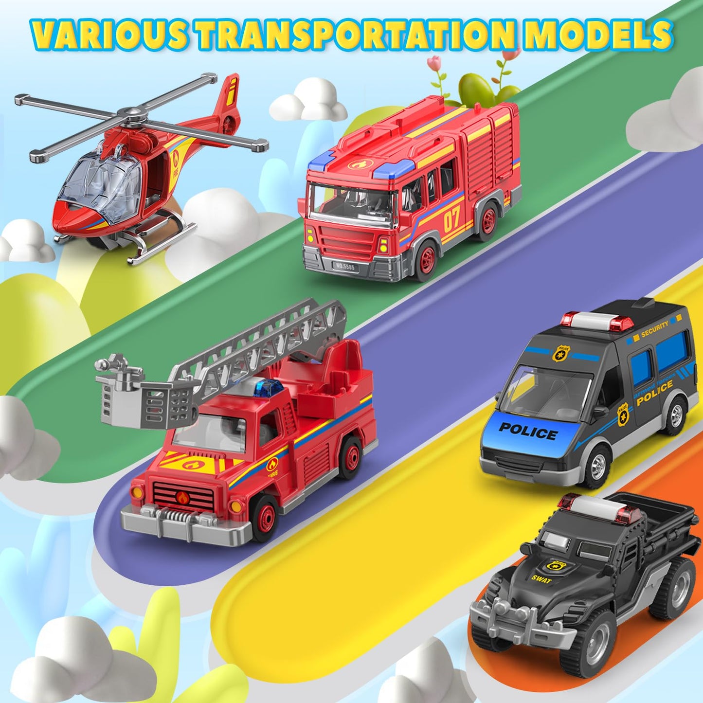 Kids Toys For 3 4 5 6 Years Old Boys, 29.5'' Large City Action Toddler Playset With Lights Sounds, Police & Fire Station Transform Track Toy With 4 Cars, Helicopter, Walkie-Talkie, Gifts For Boy Girl