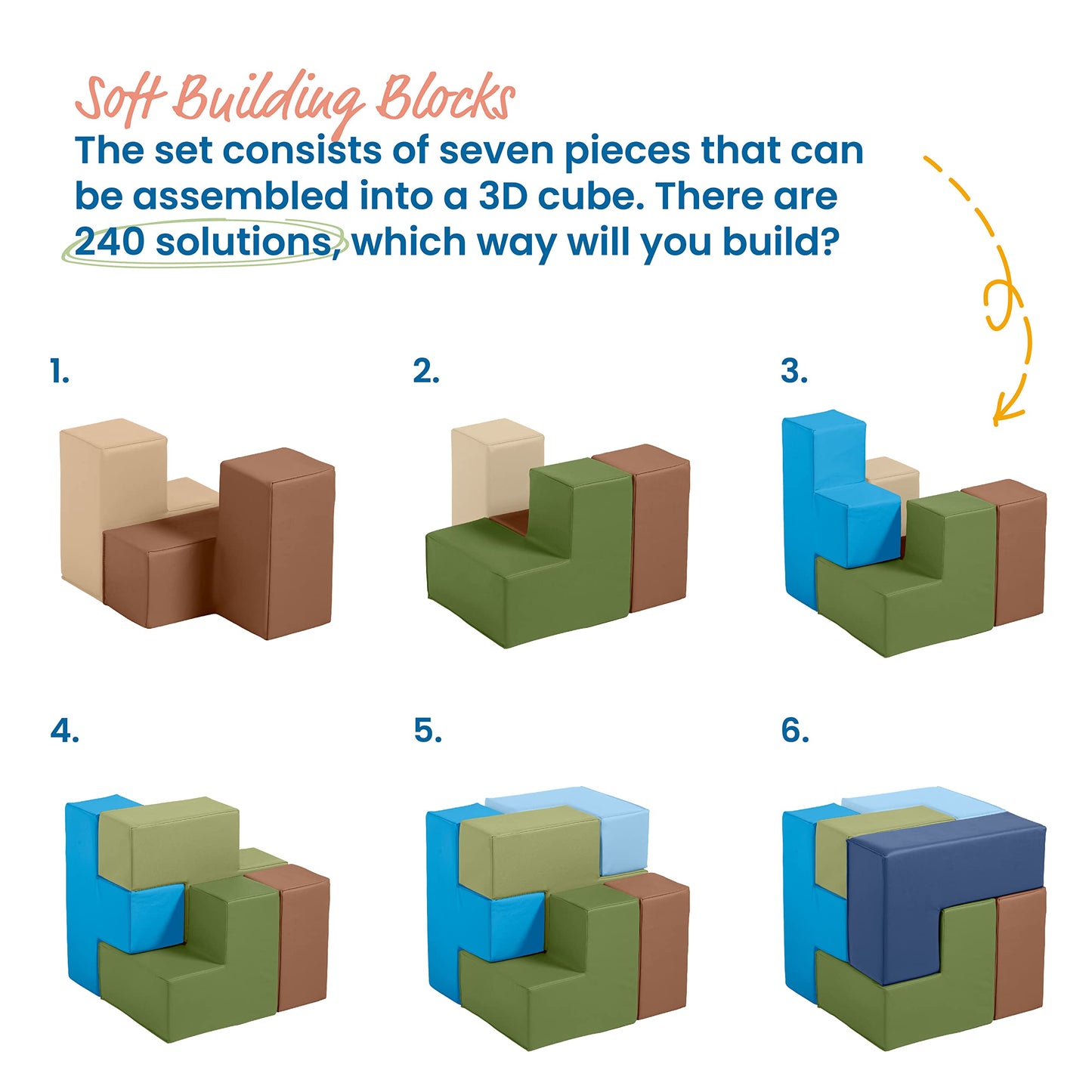 Ecr4Kids Softzone Brainy Building Blocks, Foam Puzzle, Earthtone, 7-Piece