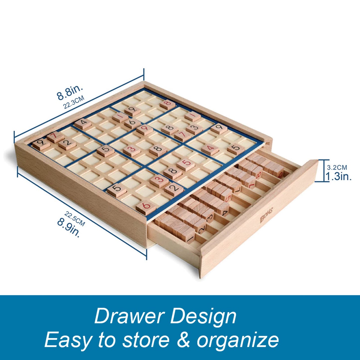 Bohs Wooden Sudoku Board Game With Drawer - With Book Of 100 Sudoku Puzzles For Adults - Brain Teaser Desktop Toys